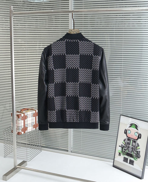 Premium Checkered Bomber Jacket with Leather Sleeves