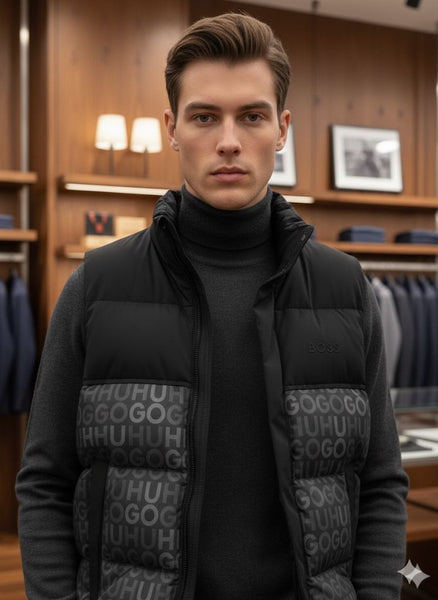 Premium Blac Printed Puffer Sleeveless Jacket for Men