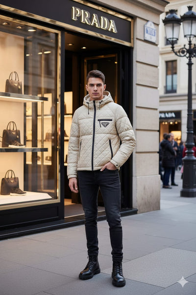 Luxury Beige Quilted Hooded Puffer Jacket with Black Zip Detailing