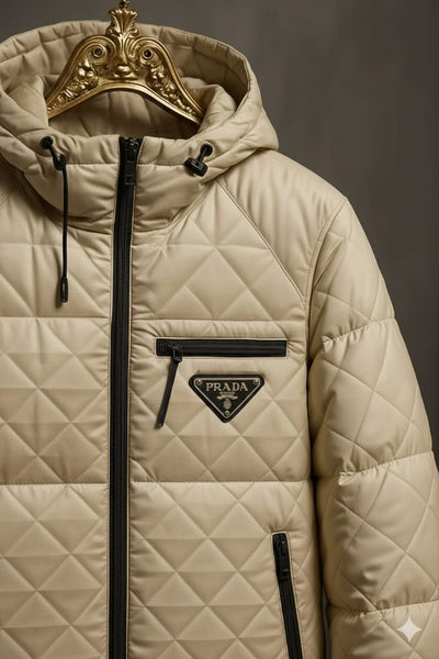 Luxury Beige Quilted Hooded Puffer Jacket with Black Zip Detailing