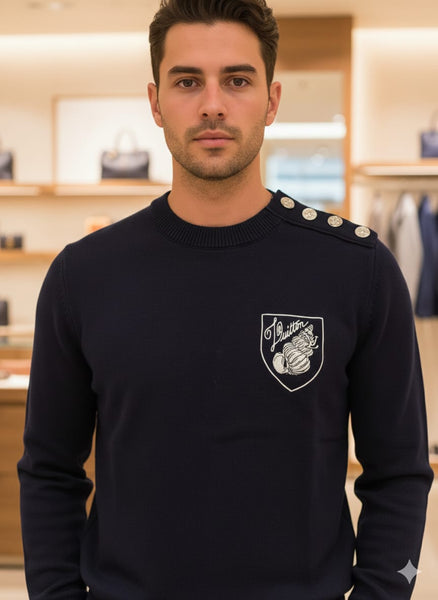 Navy Premium Button-Shoulder Pullover  with Chest Patch