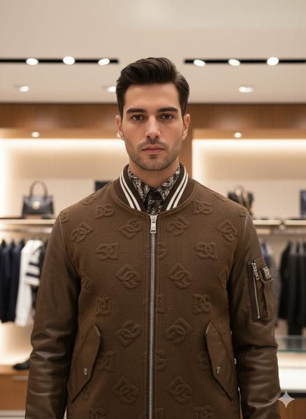 Premium Brown Bomber Jacket with Embossed Designer Pattern
