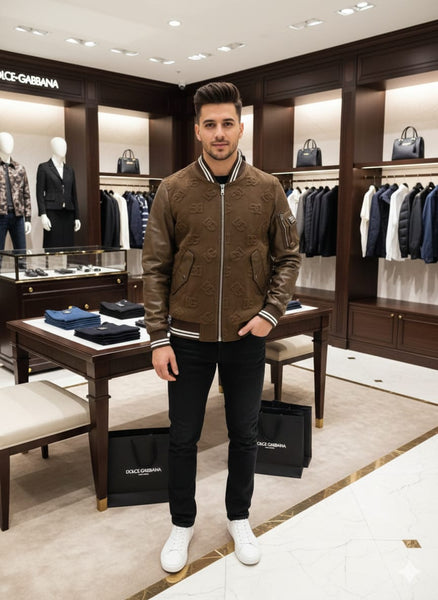 Premium Brown Bomber Jacket with Embossed Designer Pattern