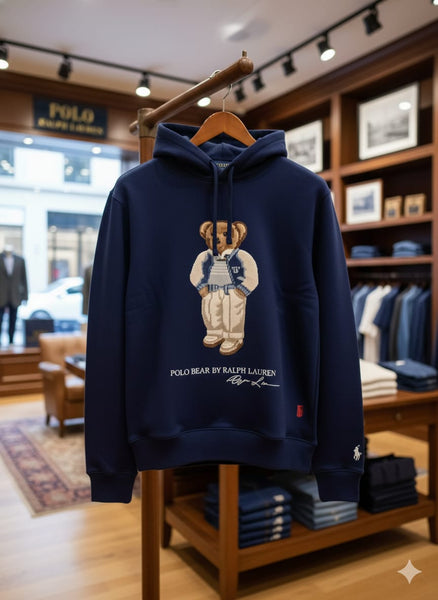 Premium Navy Blue Bear Embroidered Hoodie for Men