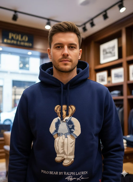 Premium Navy Blue Bear Embroidered Hoodie for Men