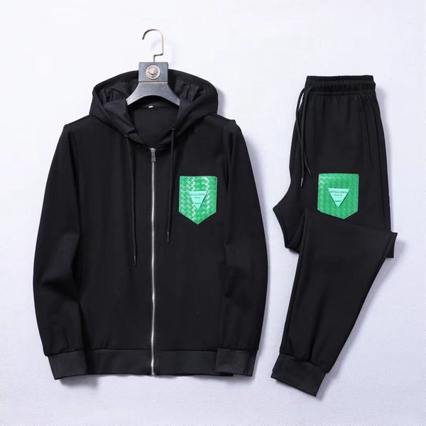 Black Premium Tracksuit with Green Textured Pocket Accents