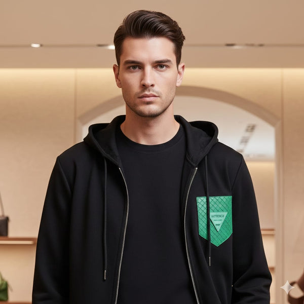 Black Premium Tracksuit with Green Textured Pocket Accents