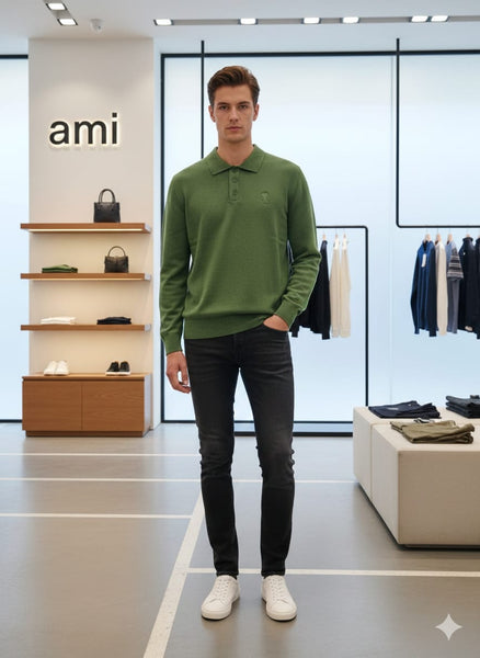 Imported Brand Green  Polo Knit  Minimal & Premium Everyday Wear Pullover