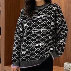 Luxury Black & White Patterned Winter Knit Sweater For Woman