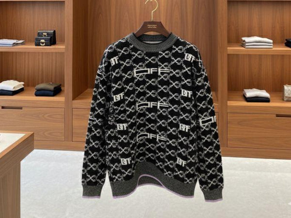 Luxury Black & White Patterned Winter Knit Sweater For Woman