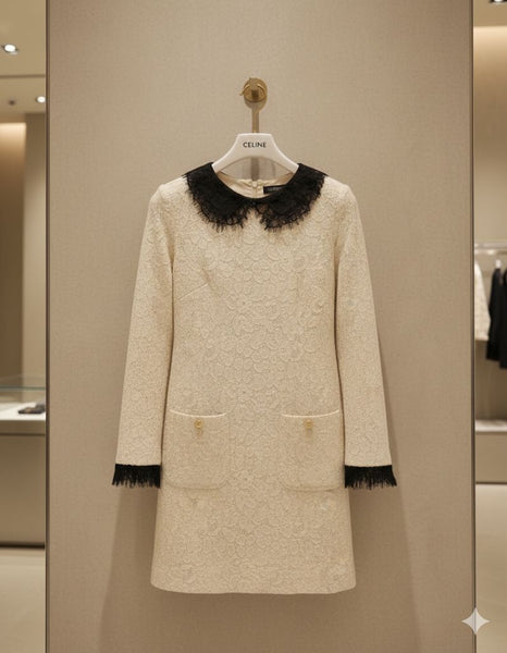 Trapeze Mini Dress With Frilled Collar in Floral Guipure