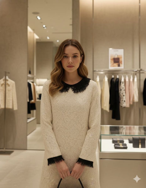 Trapeze Mini Dress With Frilled Collar in Floral Guipure