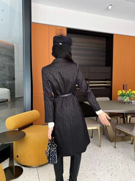 Classic Black Double-Breasted Long Coat with Designer Belt