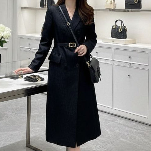 Classic Black Double-Breasted Long Coat with Designer Belt