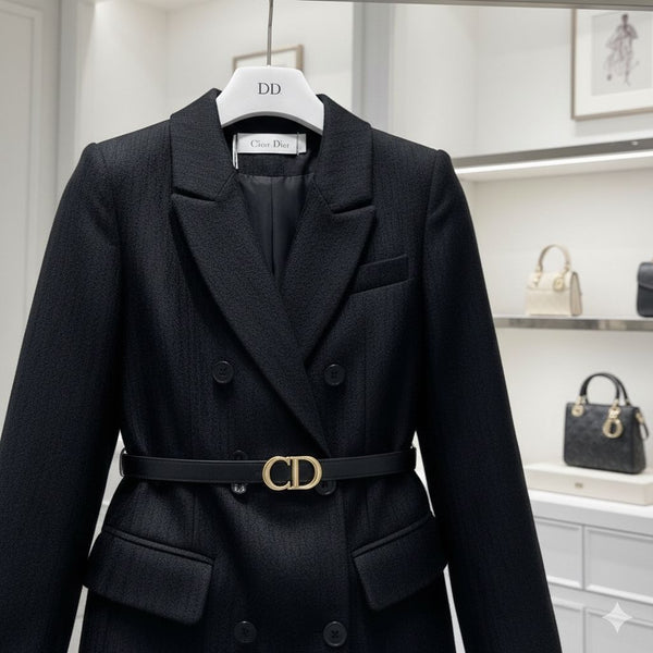 Classic Black Double-Breasted Long Coat with Designer Belt