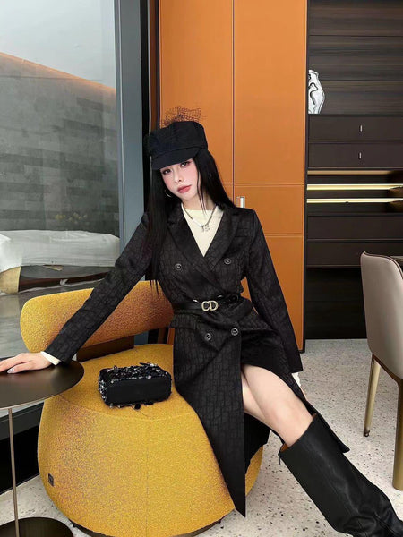 Classic Black Double-Breasted Long Coat with Designer Belt