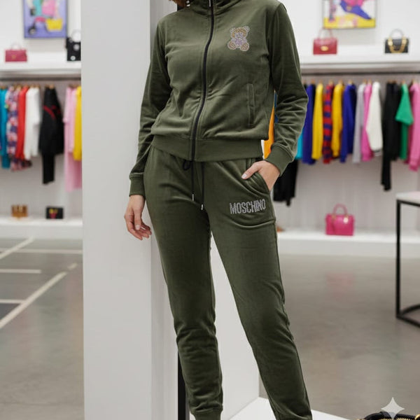 Moschino Olive Green Teddy Logo Tracksuit for Cozy Casual Style