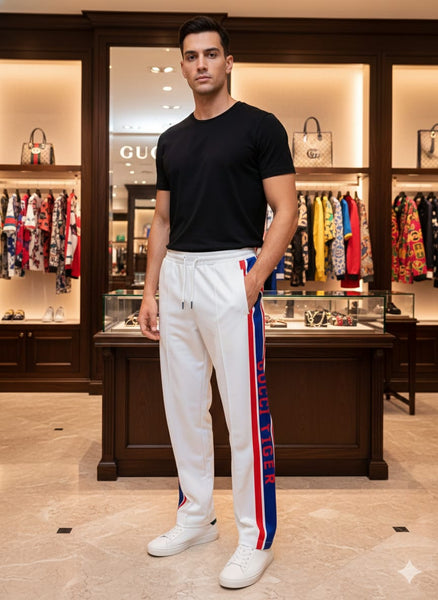 White Premium Track Pants with Red & Blue Side Stripes