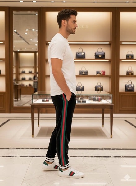 Black Luxury Velvet Track Pants with Green–Red Stripes & Bold Logo