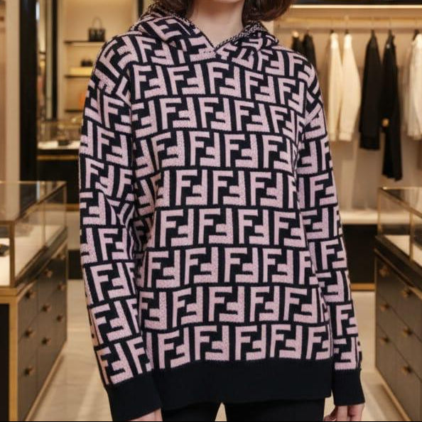 Premium  FF Monogram Hoodie  Pink & Black Luxury Knit