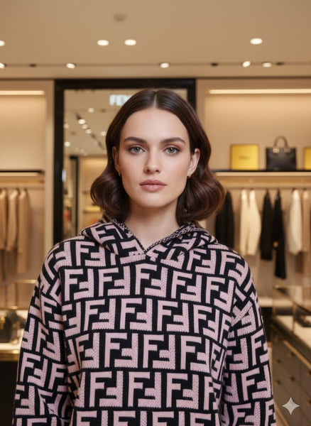 Premium  FF Monogram Hoodie  Pink & Black Luxury Knit