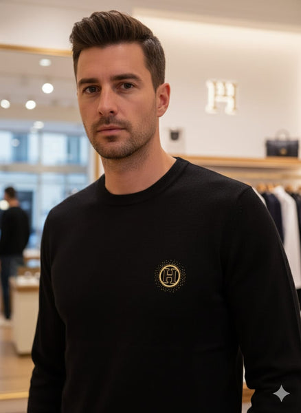 Premium Black Logo Patch Crewneck Sweatshirt