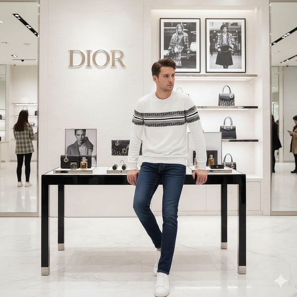 Exclusive Premium White Signature Stripe Knit Sweater