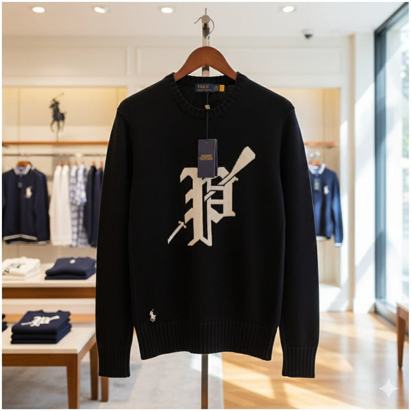Premium Logo-Intarsia Crew-Neck Black Pullover