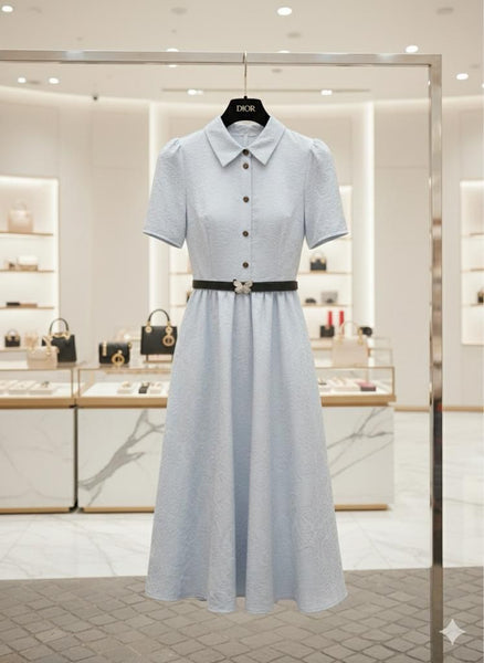 Premium Collared Short Sleeve Fit & Flare Midi Dress with Waist Belt