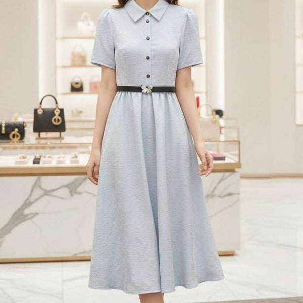 Premium Collared Short Sleeve Fit & Flare Midi Dress with Waist Belt