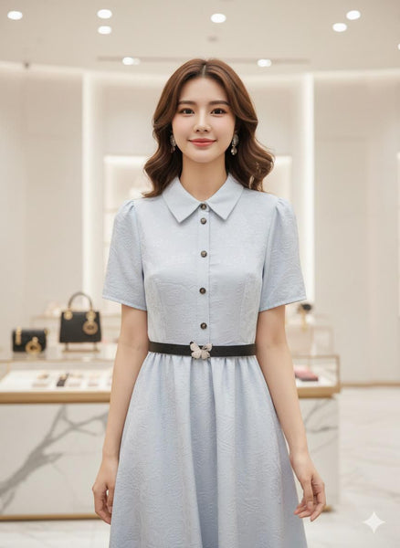 Premium Collared Short Sleeve Fit & Flare Midi Dress with Waist Belt