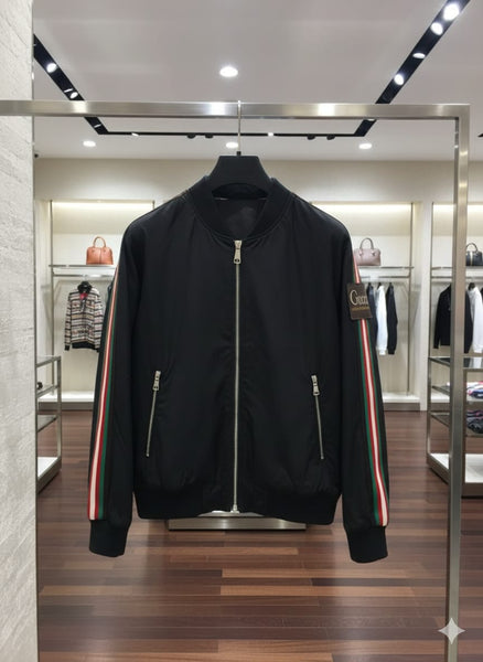 Black Bomber Jacket with Stylish Stripe Sleeves – Modern Casual Wear