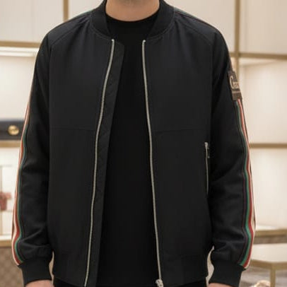 Black Bomber Jacket with Stylish Stripe Sleeves – Modern Casual Wear
