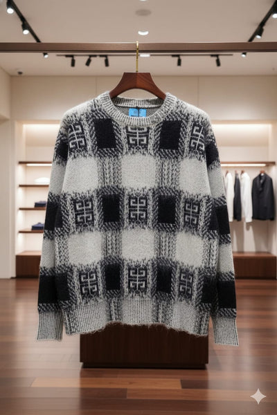 Grey & Black Checkered Knit Sweater  Cozy Winter Style