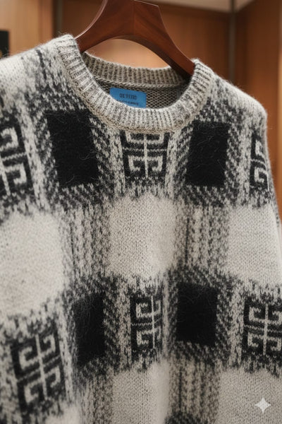 Grey & Black Checkered Knit Sweater  Cozy Winter Style