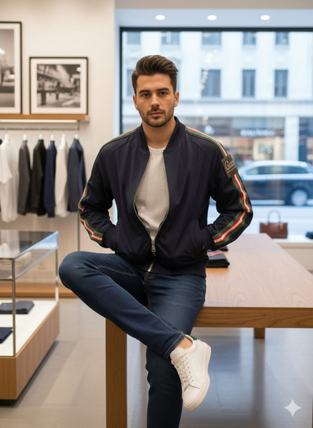 Bomber Jacket with Stylish Stripe Sleeves – Modern Casual Wear