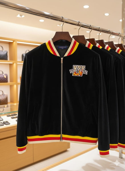 Velvet Jacket with Striped Trim and Logo Patch