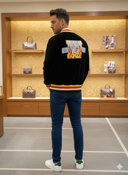 Velvet Jacket with Striped Trim and Logo Patch