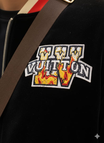 Velvet Jacket with Striped Trim and Logo Patch