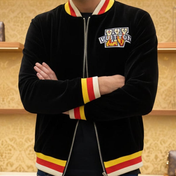 Velvet Jacket with Striped Trim and Logo Patch