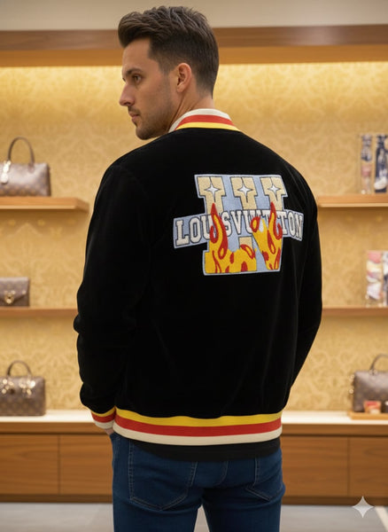 Velvet Jacket with Striped Trim and Logo Patch