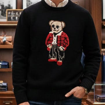 Black Crew Neck Sweater with Cute Bear Design