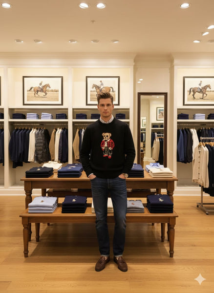 Black Crew Neck Sweater with Cute Bear Design