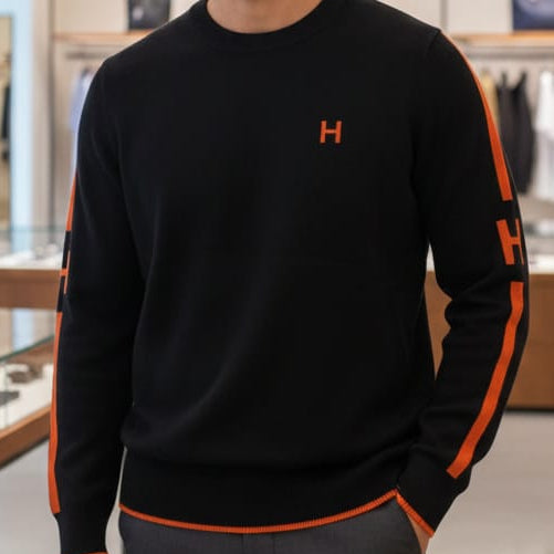 Premium Black Crew Neck Pullover with Orange Stripe Detail