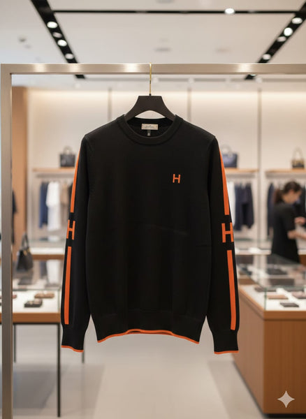 Premium Black Crew Neck Pullover with Orange Stripe Detail