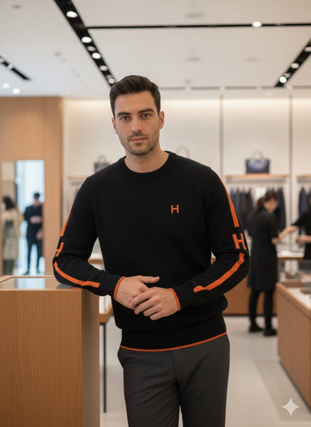 Premium Black Crew Neck Pullover with Orange Stripe Detail