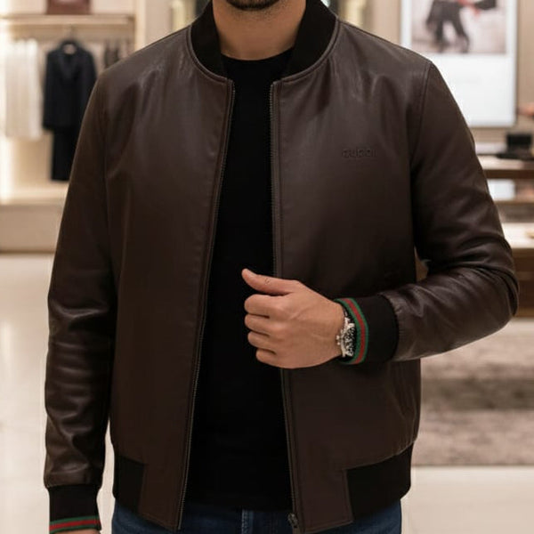 Elegant Classic Brown Leather Bomber Jacket