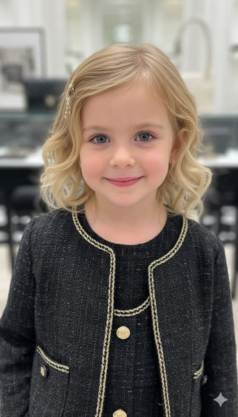 Classic Black Tweed Co-Ord Set – Cropped Jacket & Buttoned Dress For Kids