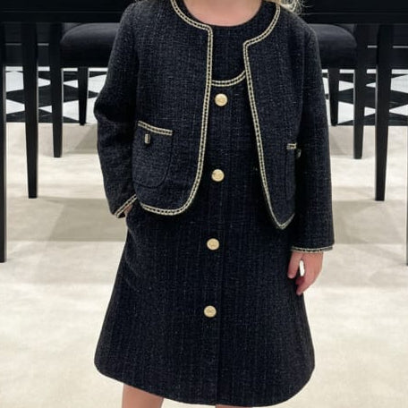 Classic Black Tweed Co-Ord Set – Cropped Jacket & Buttoned Dress For Kids