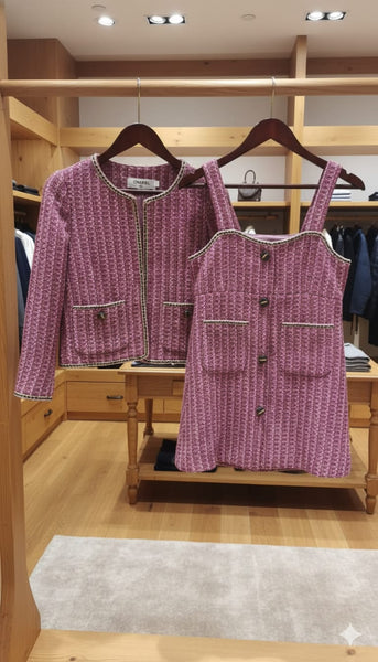 Elegant Pink Tweed Co-Ord Set Cropped Jacket & Sleeveless Dress For Kidss